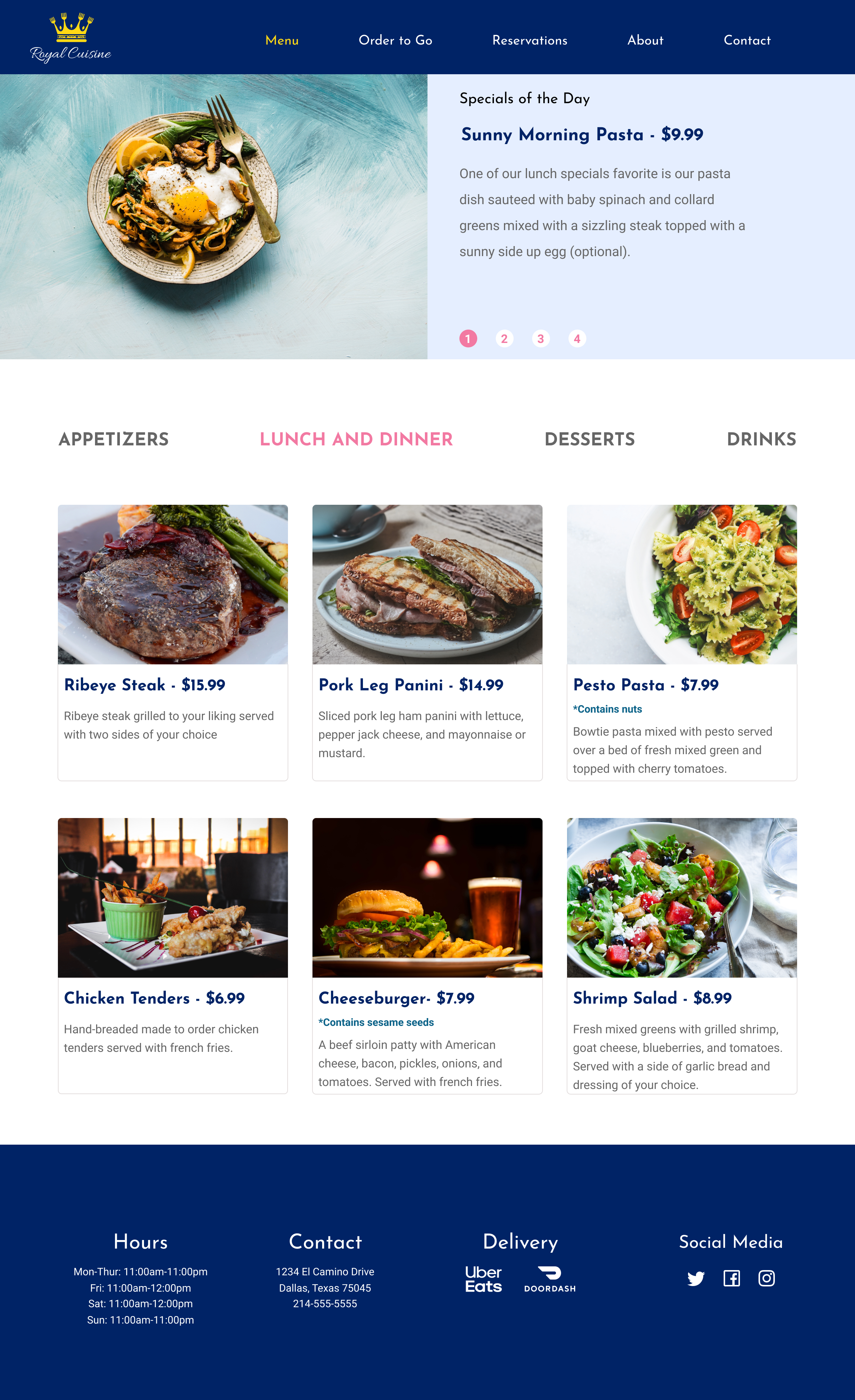 Royal Cuisine Menu page