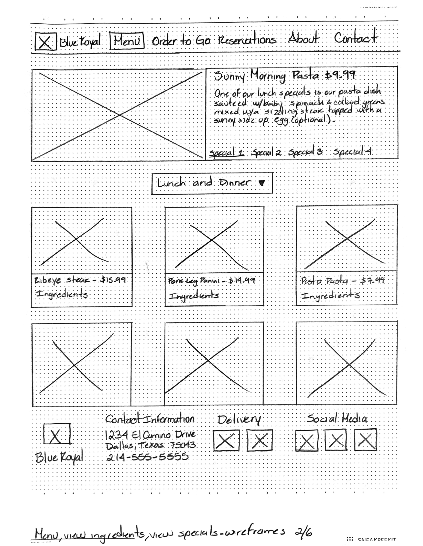 Menu page wireframe image