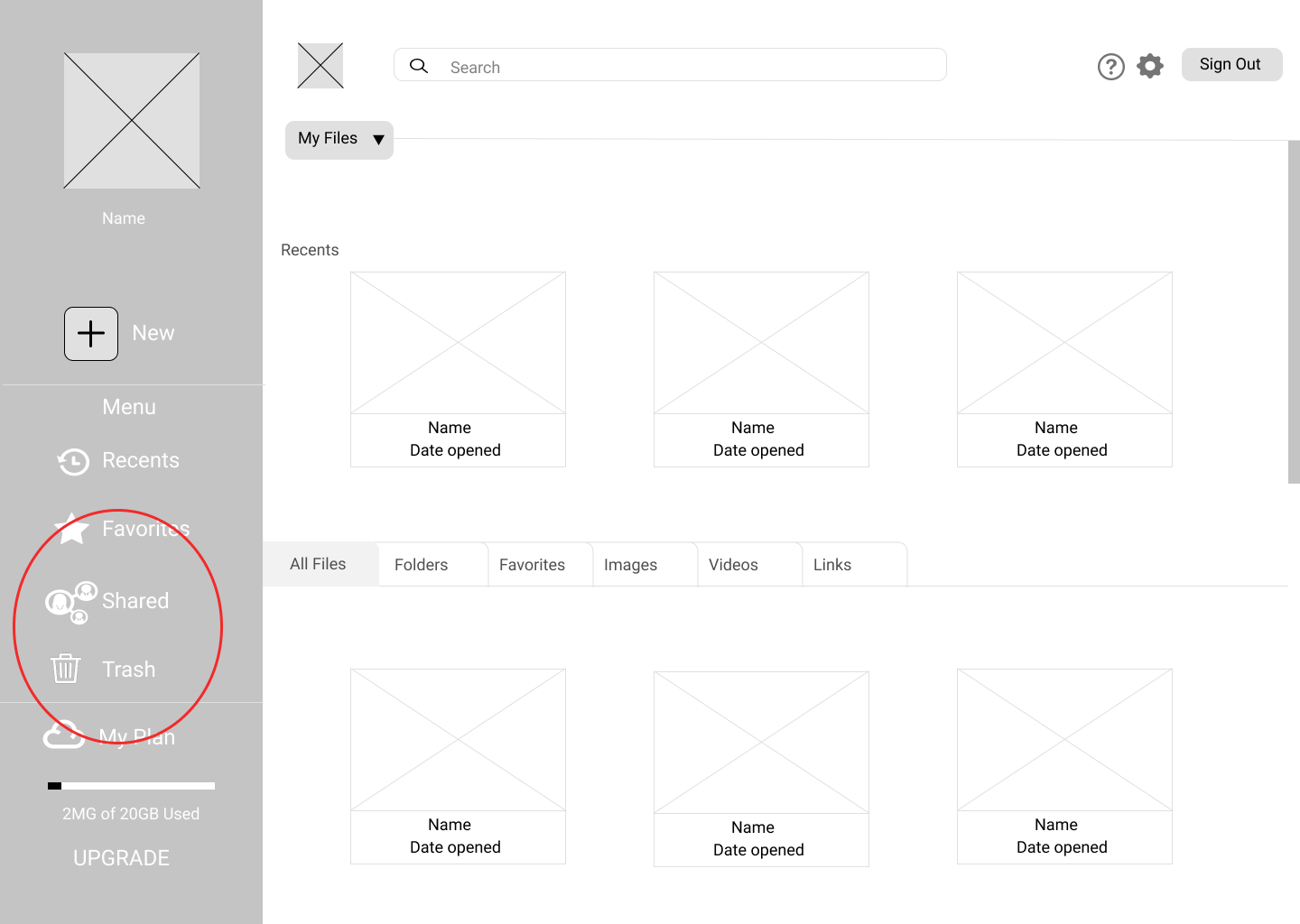 Desktop dashboard wireframe